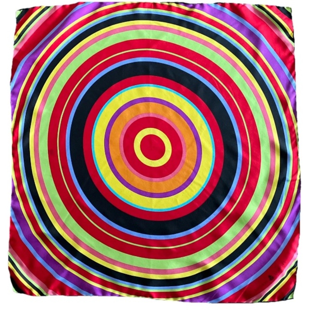 Audrey Talbott 100% Printed Silk Scarf Square Multicolor Bullseye Hand Roll Hem.